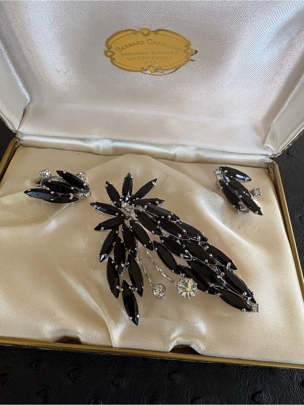 Vintage Black Marquise Crystal Brooch and Earring Set vintage continental 1960